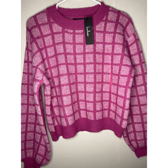 Lulus Womens Pink Sweater NWT Check Yes Magenta Grid Pattern Sweater Small - Picture 4 of 7